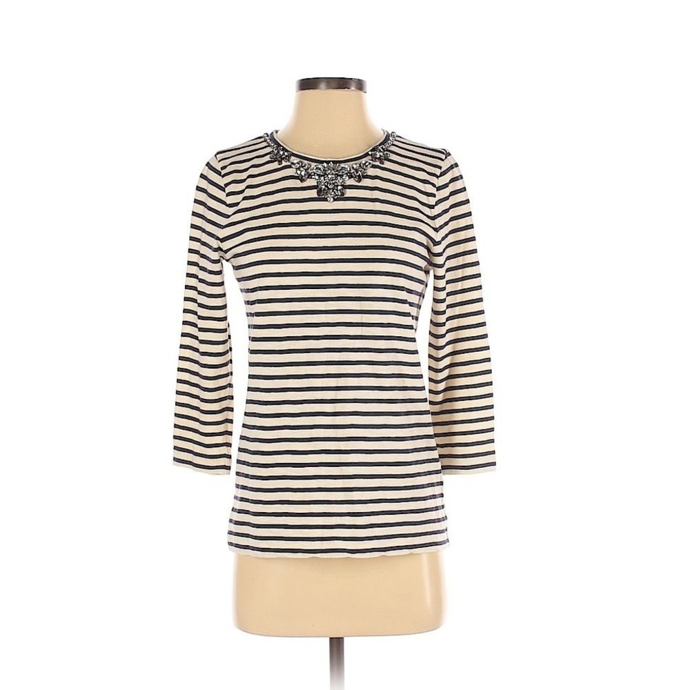 Y2K Vibe J.Crew Striped Jeweled Neck Top M Nautical 3/4 Sleeve Preppy‎ Tee
